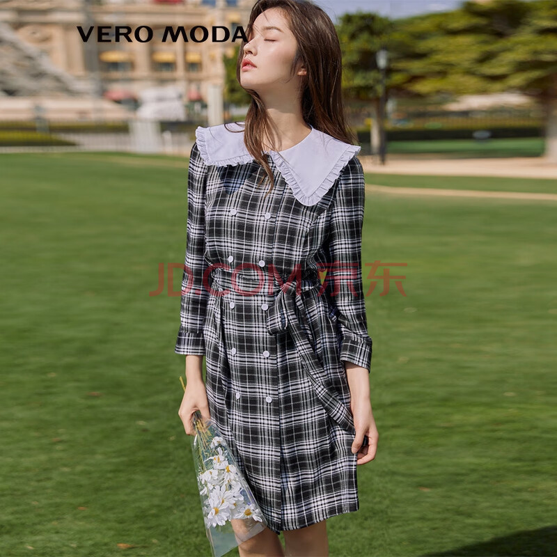 veromoda2021新款,思域2021新款 vero moda2021春夏新款复古格纹娃娃领七分袖连衣裙32