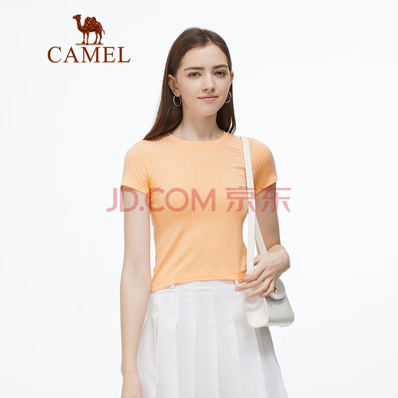 骆驼（CAMEL）女装T恤夏圆领修身韩版短袖t恤女休闲百搭时尚T恤 W1XTRS109 橘色XL