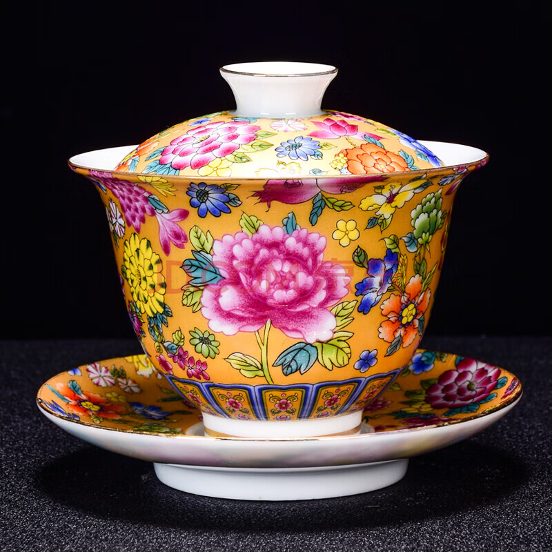 景德镇陶瓷盖碗茶具手绘渐变扒花三才盖碗茶杯大号泡茶茶碗 珐琅彩