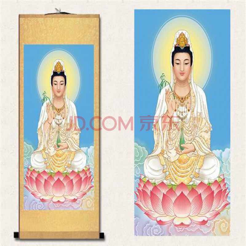 观音画像保平安佛堂挂画观世音菩萨佛像挂画丝绸画卷轴画 h款 95*200