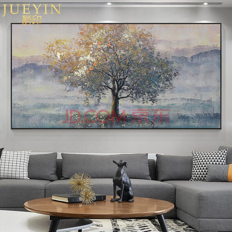 爵印(jueyin)轻奢品牌纯手绘油画横版发财树客厅沙发背景墙挂画轻奢