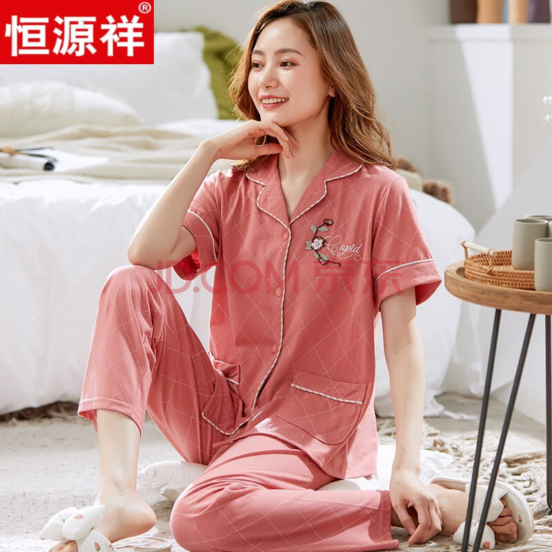 恒源·祥品牌 短袖开衫中年妈妈睡衣夏妈妈睡衣夏季纯棉薄款短袖长裤