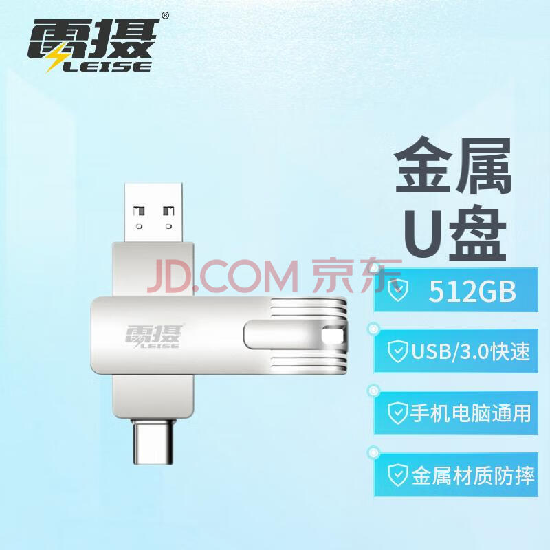 雷摄（LEISE）512GB Type-C USB3.0 手机电脑二合一U盘 LSUP3 银色 双接口手机电脑通用车载高速优盘