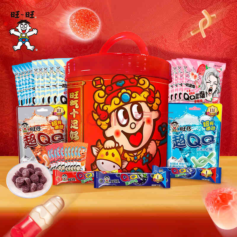 旺旺 欢乐桶550g旺仔果汁软糖超qq爆浆棒棒糖可乐草莓儿童零食 欢乐桶