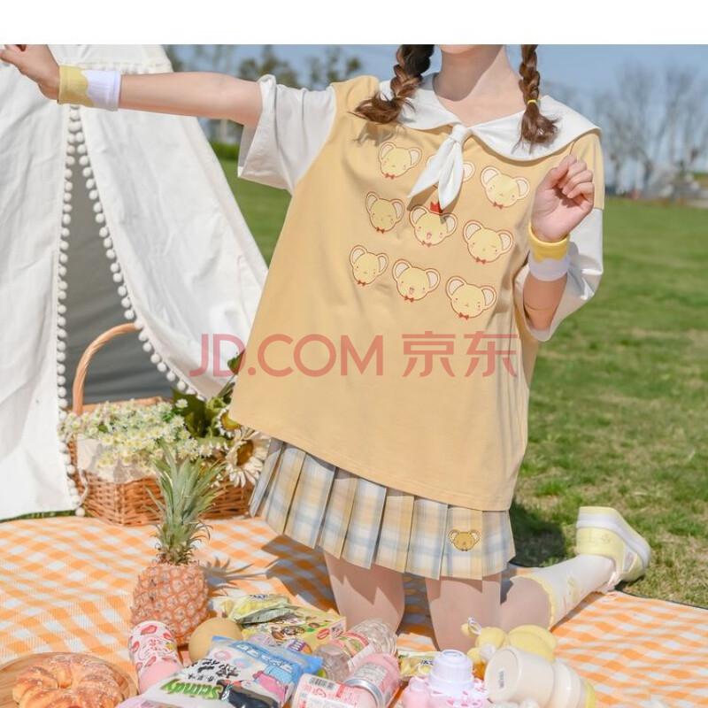 爱中福魔卡少女樱联名萌趣别致娃娃领原创森女部落软萌拼接t恤宽松