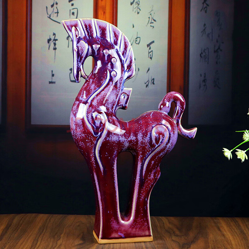 办公室桌面摆件家居饰品钧瓷花瓶摆件紫色韩美林马 紫红色 (高49cm)送