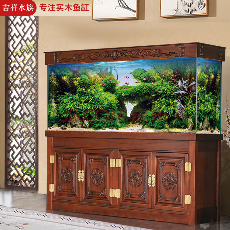 【可开票】实木龙鱼缸 中式鱼缸实木水族箱鱼缸底柜实木雕牡丹云纹