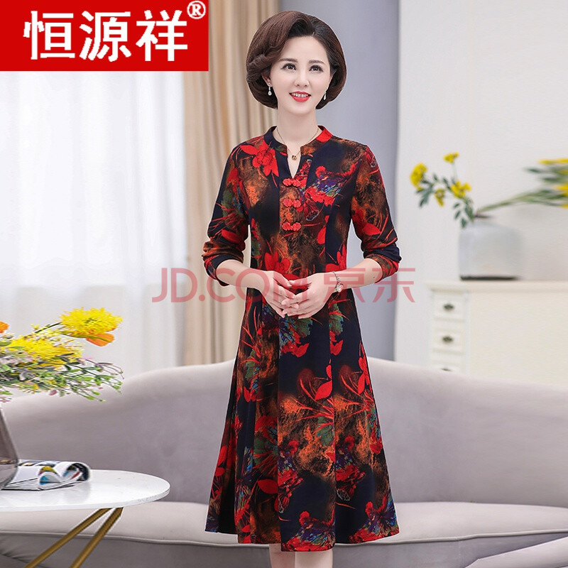 恒源祥品牌高档中年女装秋冬民族风连衣裙50-60岁妈妈改良旗袍长袖