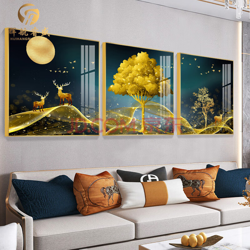 辉航睿盛客厅背景墙装饰画现代三联鹿晶瓷画北欧沙发后墙壁画石头挂画