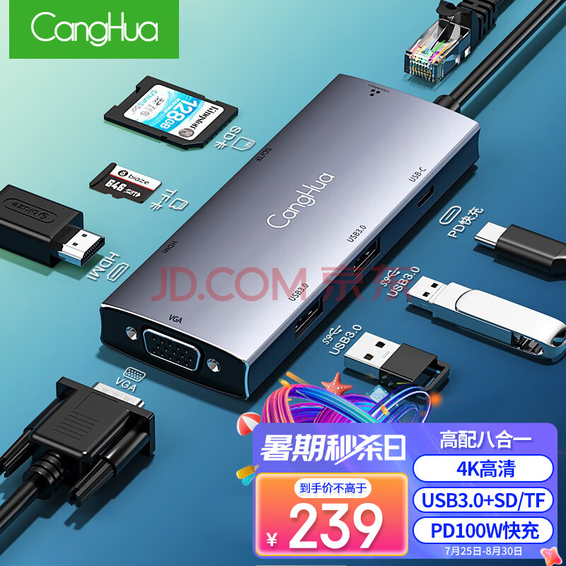 CangHua Type-C扩展坞 iPadpro苹果电脑MacBook华为笔记本USB-C转HDMI转换器4K拓展坞网口转接头分线器八合一