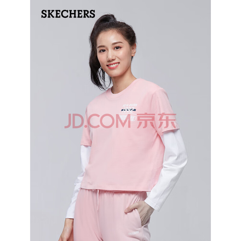 斯凯奇（Skechers）夏女子运动圆领打底衫字母印花休闲针织T恤舒适弹力短袖L319W066