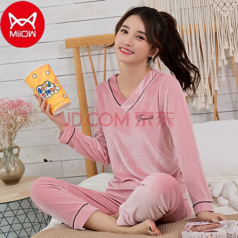 猫人高端品牌 睡衣女秋冬季金丝绒法兰绒海岛绒加绒家居服韩版可爱