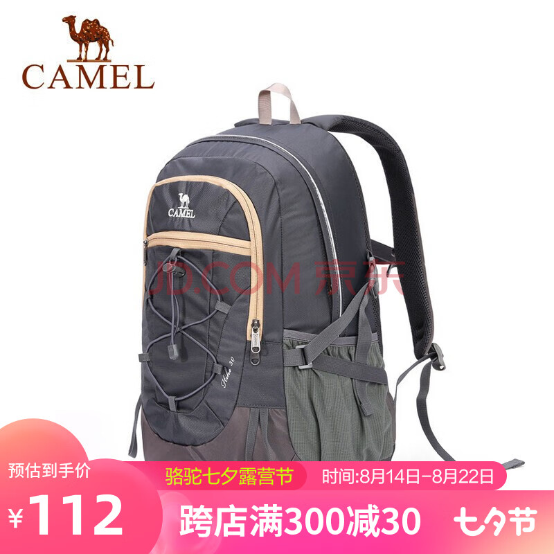 骆驼CAMEL 户外双肩包男女 30L徒步旅行运动登山包轻便防泼水背包 A1W3FI101 深灰