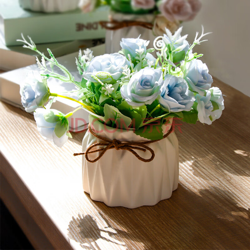 盛世泰堡 仿真花假花盆栽陶瓷小花瓶干花花束绢花塑料装饰花艺餐厅玄关客厅摆件 小清新蓝色 18cm