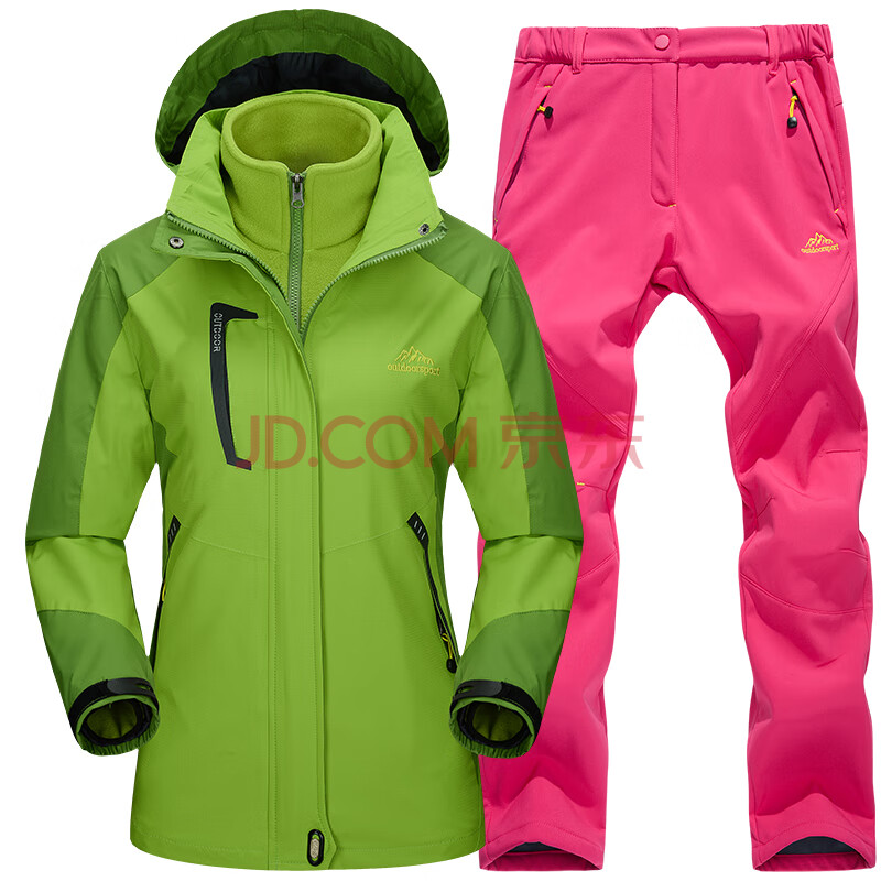 户外服装情侣装登山服防风防水西藏旅游可拆卸内胆 女 苹果绿-玫红