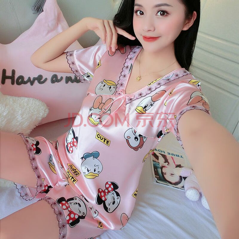 女生睡衣夏季冰丝冰丝睡衣女夏季蕾丝性感套装短袖冰凉家居服 粉色