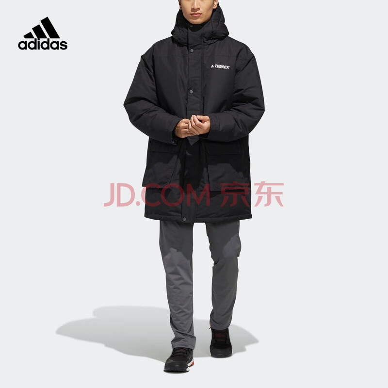 阿迪达斯官网adidasxplr dwn coat男冬季户外连帽拉链中长款羽绒服