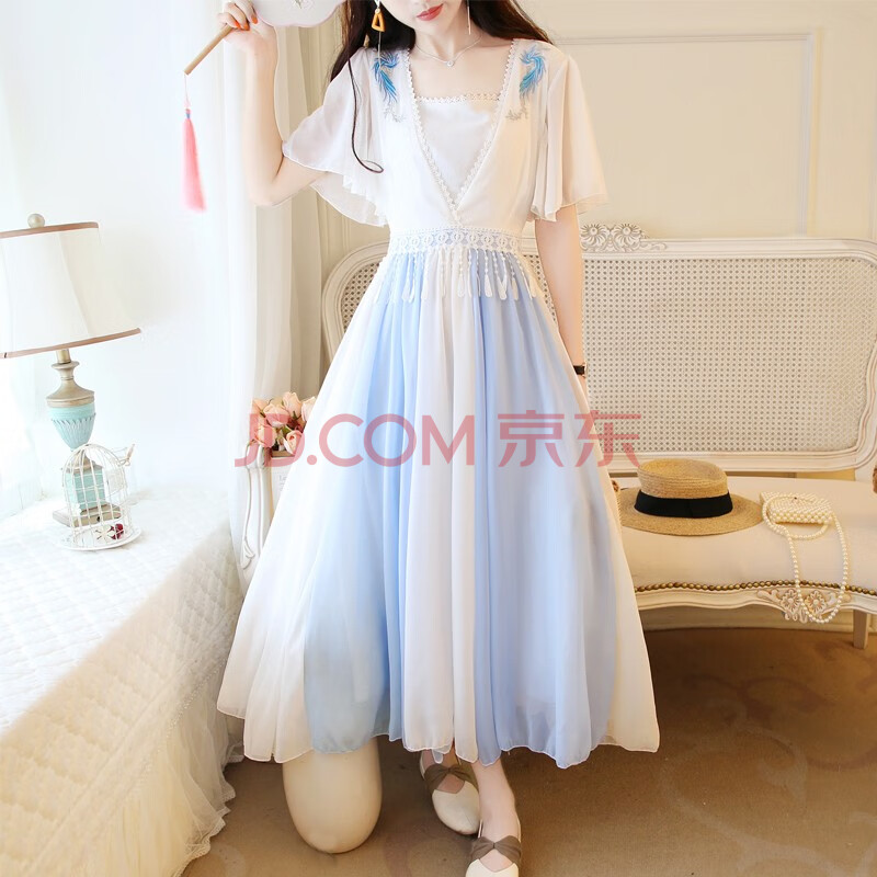 汉服女连衣裙学生露肩显瘦仙女裙夏季性感雪纺2019韩版时尚气质少女