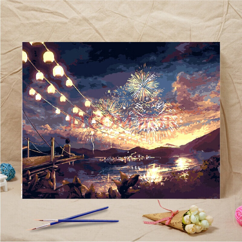 抖音手工画填色数字油画客厅风景花卉动漫人物简单手绘填色装饰画银光