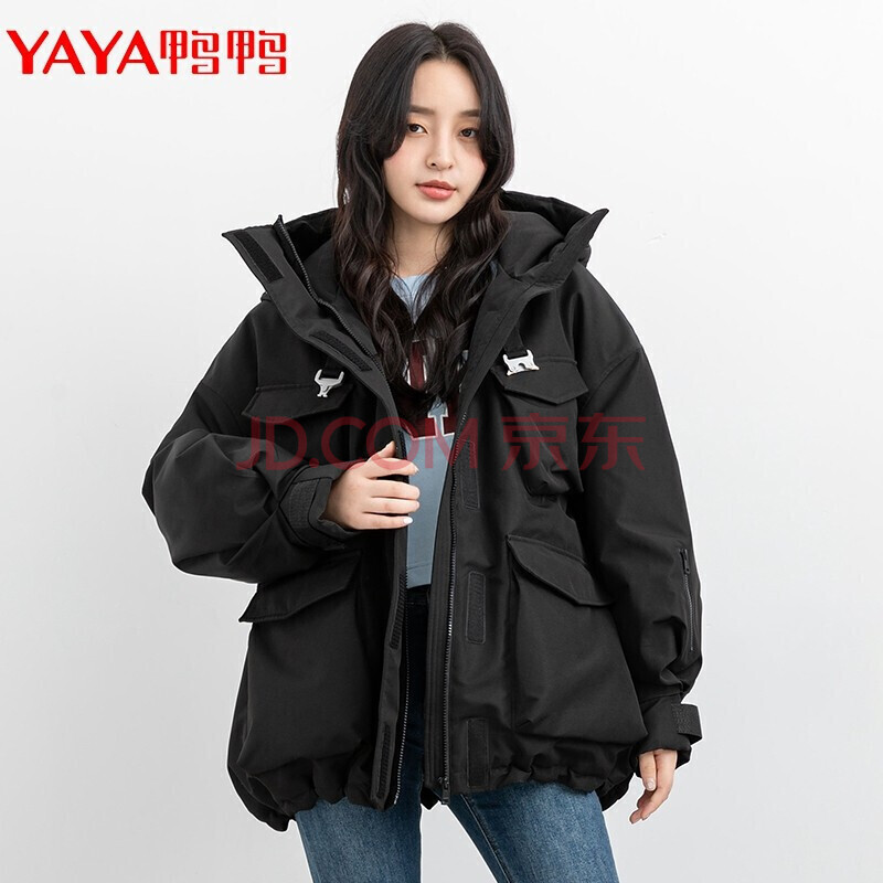 (yaya)2021秋冬季羽绒服女连帽休闲时尚中长款白鸭绒收腰外套女 黑色