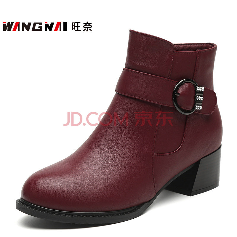 旺奈中跟女士皮靴大码真皮加绒中年短靴女粗跟时尚妈妈鞋棉鞋轻便舒适