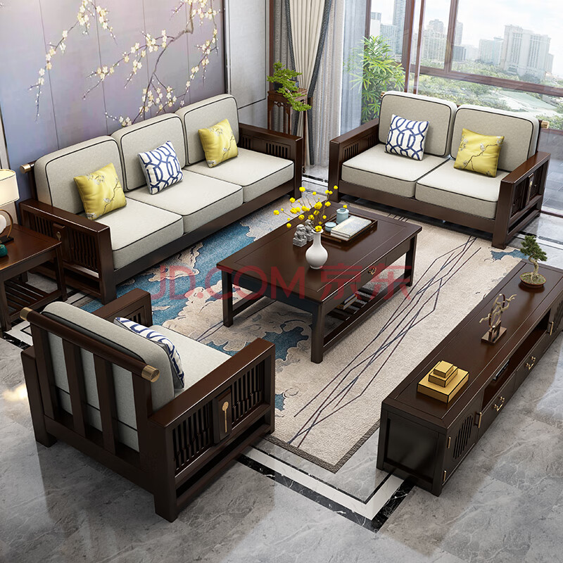 亿德森 新中式沙发 全实木沙发 现代简约转角 布艺沙发 1 2 3组合客厅