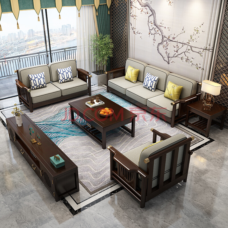 亿德森 新中式实木沙发 布艺沙发客厅小户型家具现代简约中国风 1 1 3