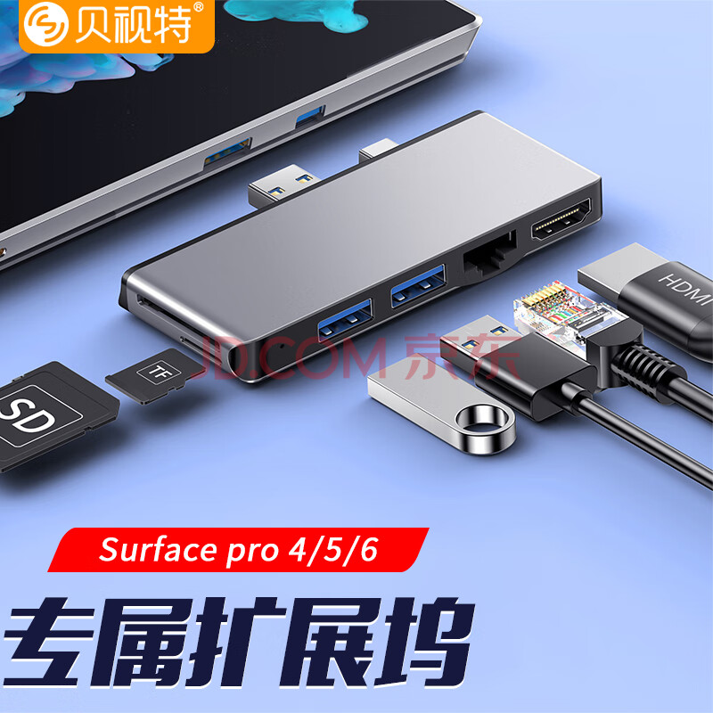 贝视特 surface pro 7/6/5/4扩展坞转换器HDMI千兆网口拓展坞笔记本电脑配件 亮铂金Pro 4/5/6【HDMI+千兆网口】版本