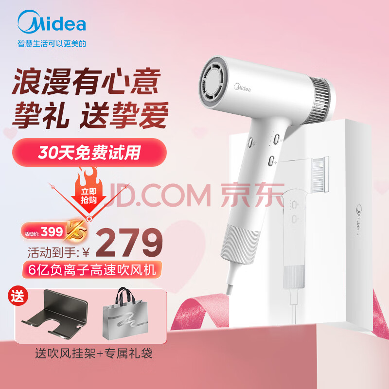 美的（Midea）小云筒高速吹风机家用吹风筒大功率/高浓度负离子护发/大风力速干电吹风七夕情人节礼物FG3-流光白