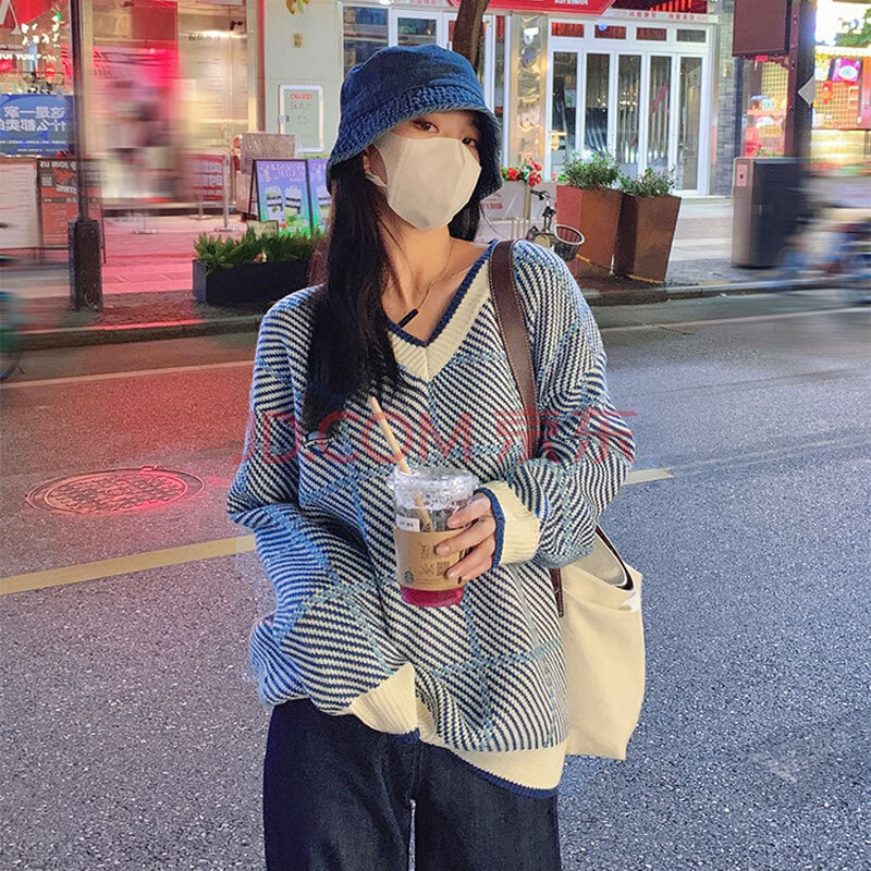 晗沫美衣针织衫女毛衣慵懒风格纹V领针织衫上衣外套 HMZZ691 蓝色 均码