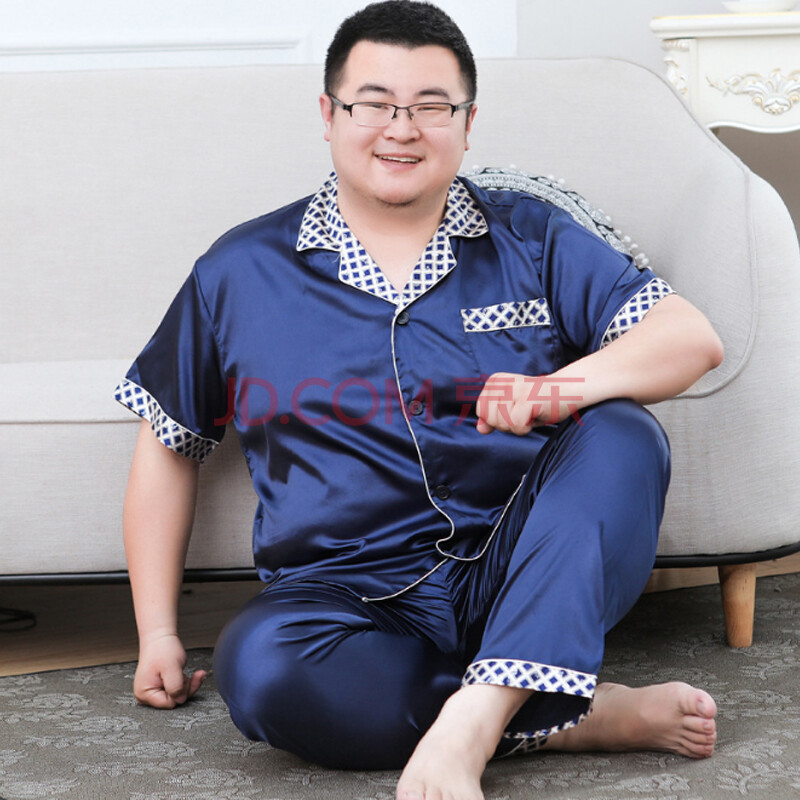 180斤男胖子图片真实,180cm180斤男生图片 男胖子特大号家居服宽松200斤 深蓝色短袖长裤 3xl(建议180-210斤)