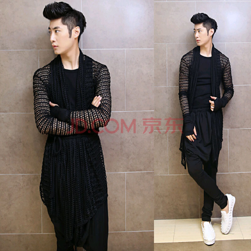 尼纳里奇 <em>2014</em>潮男长T恤<em>发型师服装</em>韩版镂空