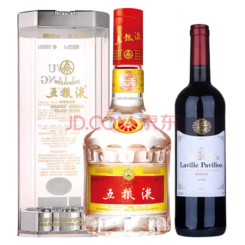 1919酒類直供 52度五糧液425mL 濃香白酒得拉維亭特釀干紅葡萄酒 【掌柜力薦】