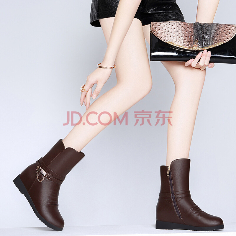 馬丁靴女中筒低跟平底側拉鏈金屬裝飾女短靴防水臺女鞋子 LK6172咖啡色 36