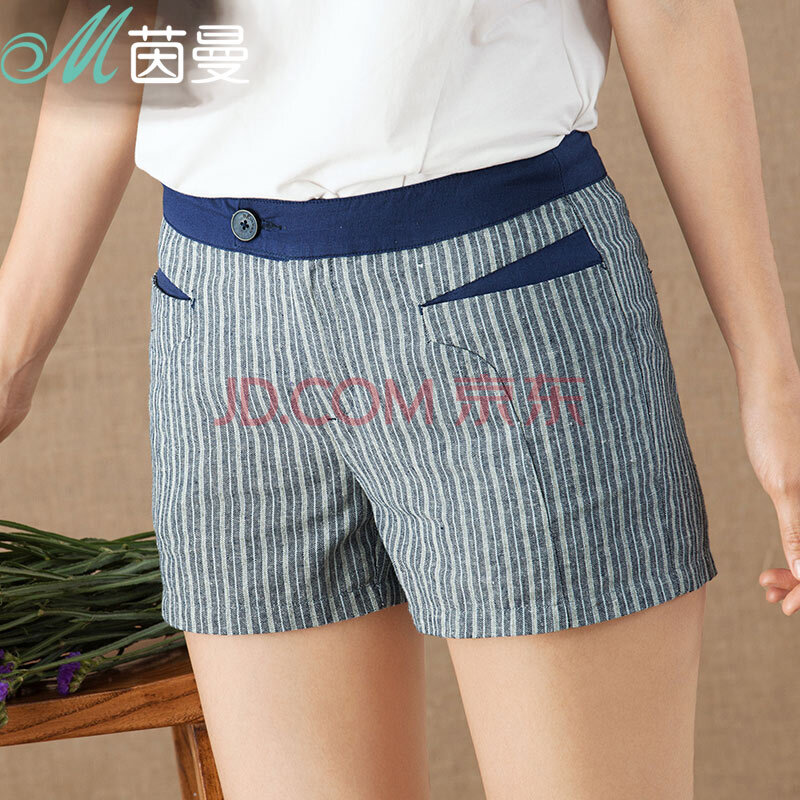茵曼2014夏装新款文艺<em>棉</em>竖<em>条纹短裤</em>热裤<em>女</em>【