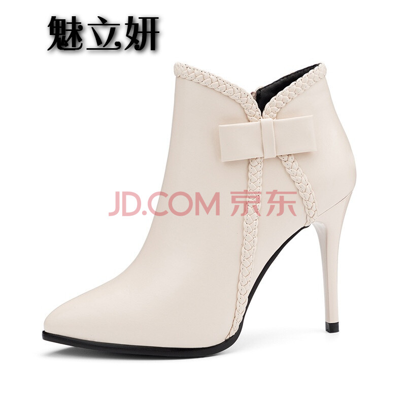 魅立妍歐美性感尖頭高跟馬丁靴夜店性感短靴細跟側拉鏈顯瘦單靴 白色 38