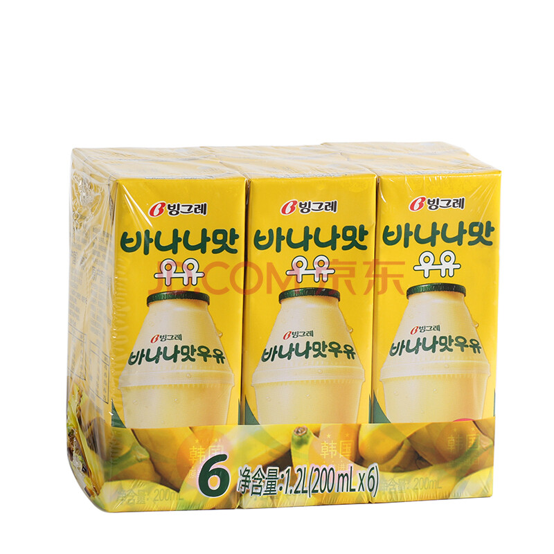 韩国进口binggrae宾格瑞哈密瓜草莓香蕉味牛奶饮料200ml*6盒 夏日饮品