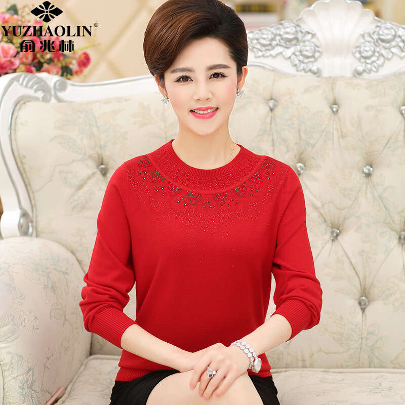 俞兆林中老年女装秋冬装 妈妈装秋装圆领长袖针织衫t恤上衣n0760 大