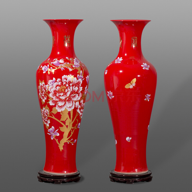 名人坊景德镇中国红陶瓷落地大花瓶客厅家居装饰品摆件一对价 花开