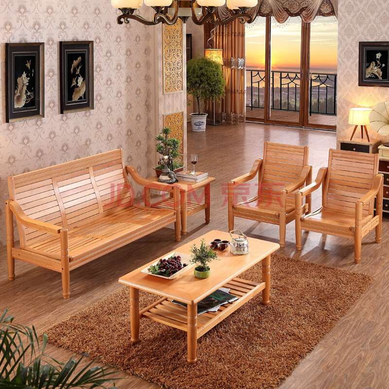 趣美 实木沙发 榉木沙发 木质客厅沙发组合 现代中式实木家具 1 1 3