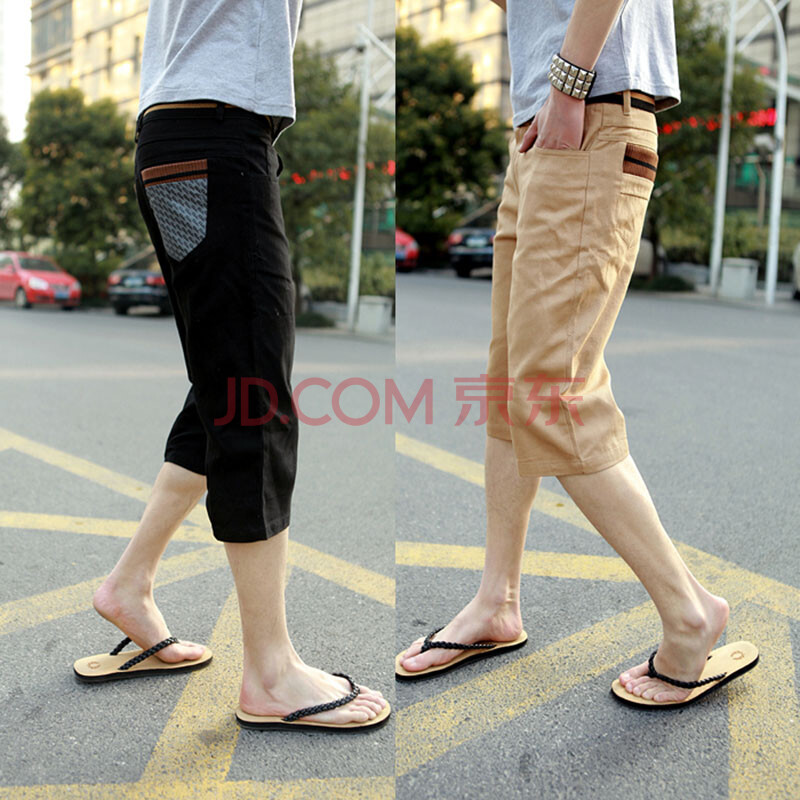 装上新男士休闲七分裤全棉修身<em>马裤口袋</em>印花中