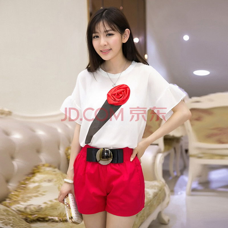 欧美街头夏休闲套装 玫瑰<em>花朵</em> <em>宽松</em>红色<em>短裤</em> 图
