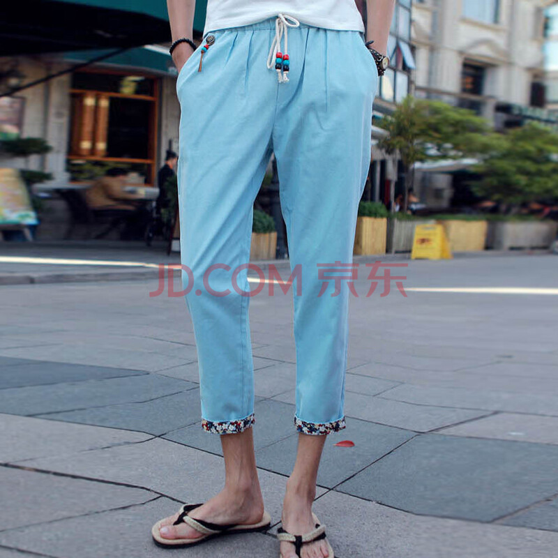 石人族夏装新款<em>亚麻休闲短裤男</em> 多色9分裤K2