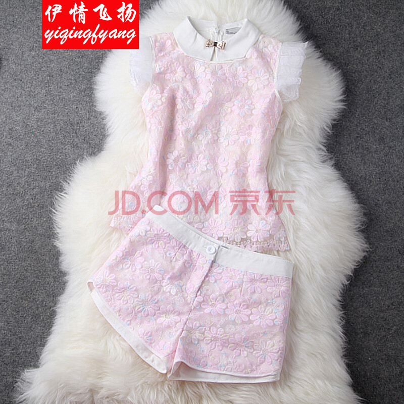 伊情飞扬2014夏季<em>欧根纱</em>无袖<em>上衣短裤</em>蕾丝套