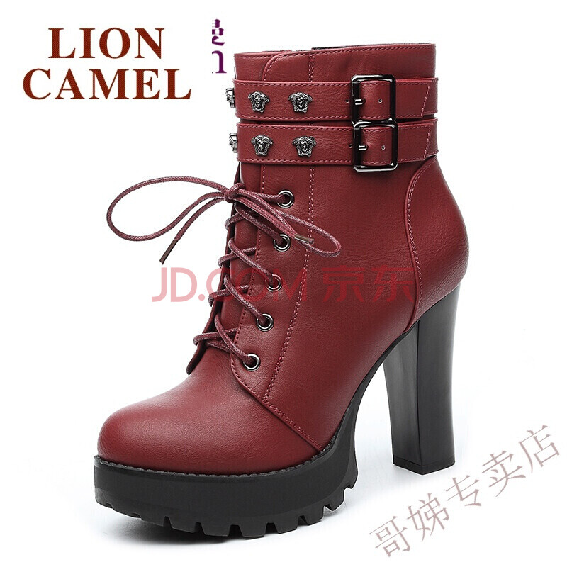獅王駱駝(LIONCAMEL)新款粗跟防水臺高跟皮鞋女靴英倫風馬丁靴潮女短靴秋冬女鞋子 酒紅色 默認35