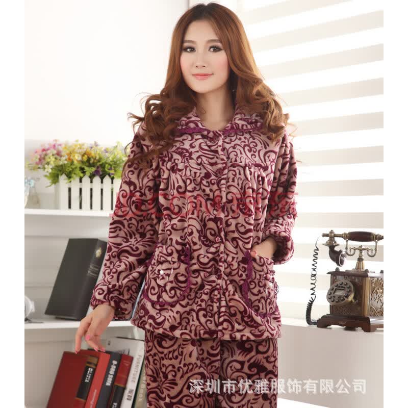 <em>女士</em>法兰绒<em>中老年睡衣</em>女冬季长袖加大码妈妈家