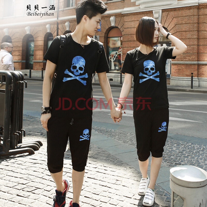 装套装短袖骷髅头T恤衫女五分裤休闲裤<em>马裤</em>男