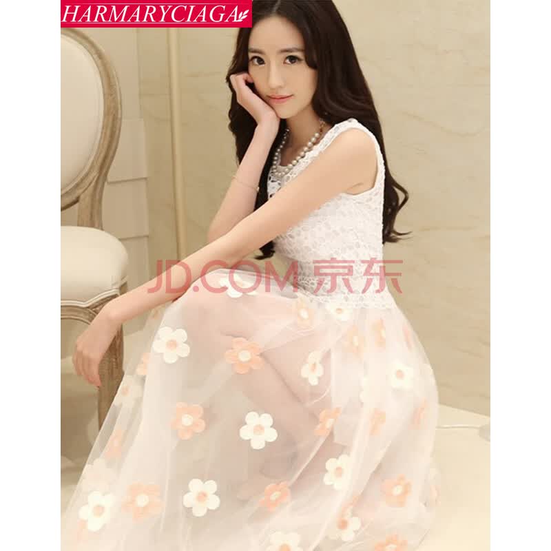 harmaryciaga 2014夏装新款韩版 蕾丝刺绣沙滩长裙无袖背心连衣裙qz