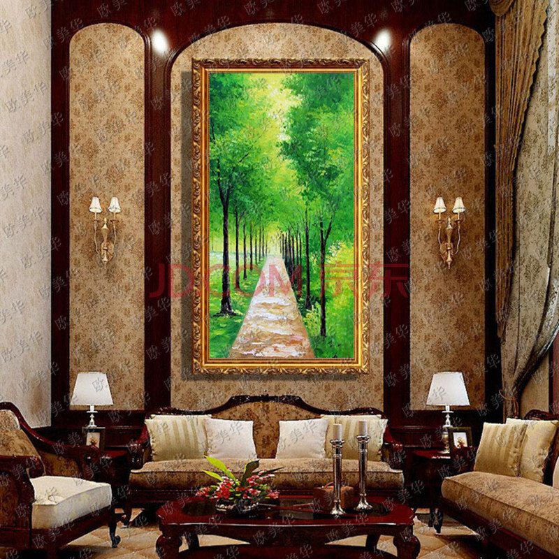 欧美华手绘白桦林风景【黄金大道】有框油画 欧式壁画