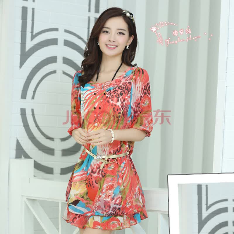 缔萝<em>湘</em>2014韩版女碎花珍珠雪纺连衣裙气质淑